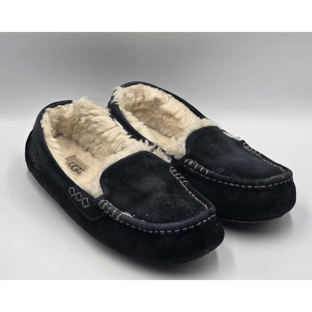 UGG Slippers Womens Size 7 Black Suede Sheepskin and Shearling Ansley Loafer